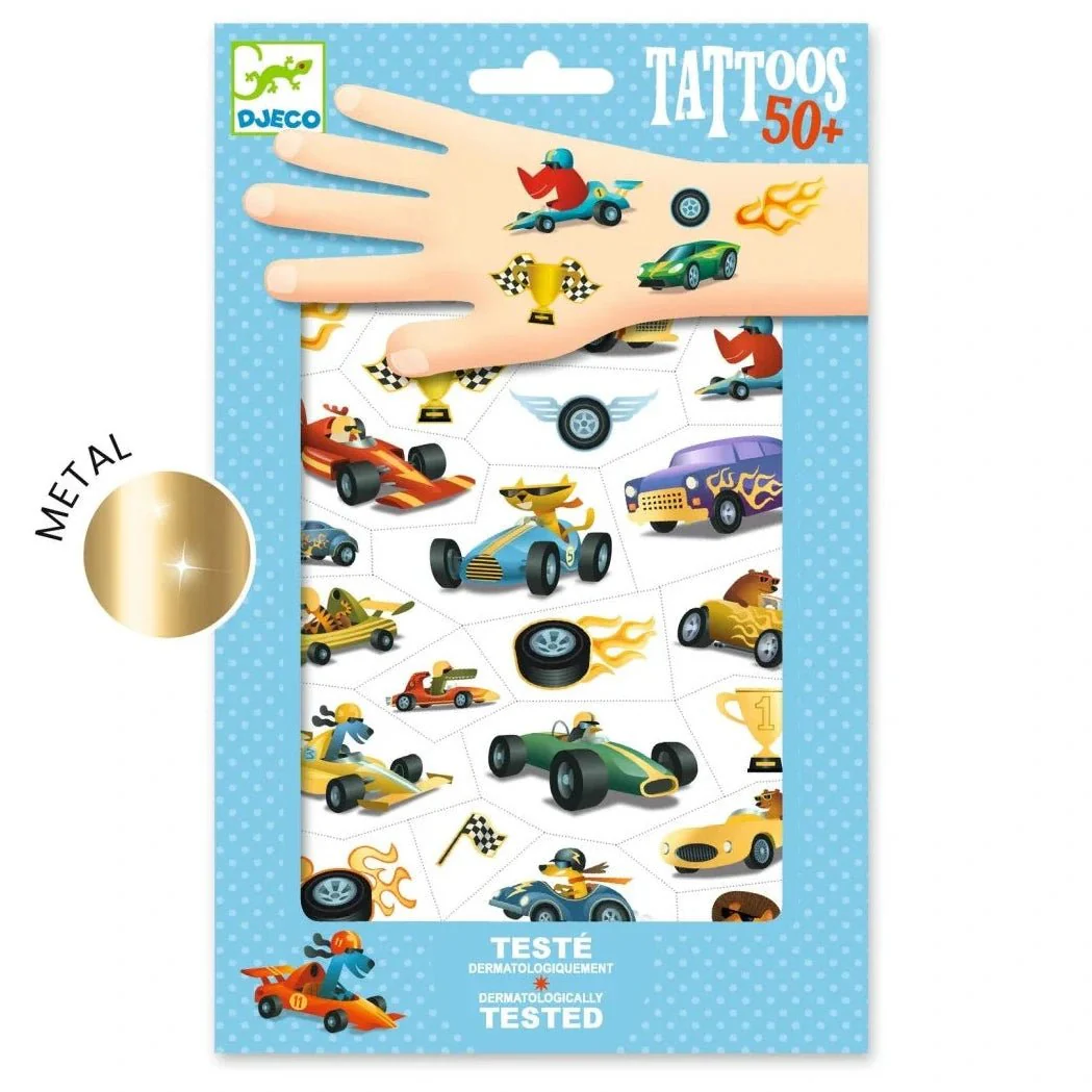 Tijdelijke plaktattoos Raceauto's - set van 50+