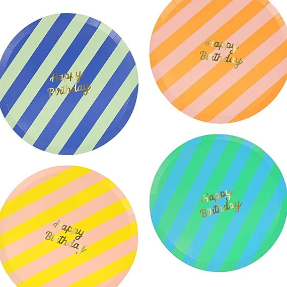 Feestborden Striped Happy Birthday Side Plates - Set Van 8 - Image 8