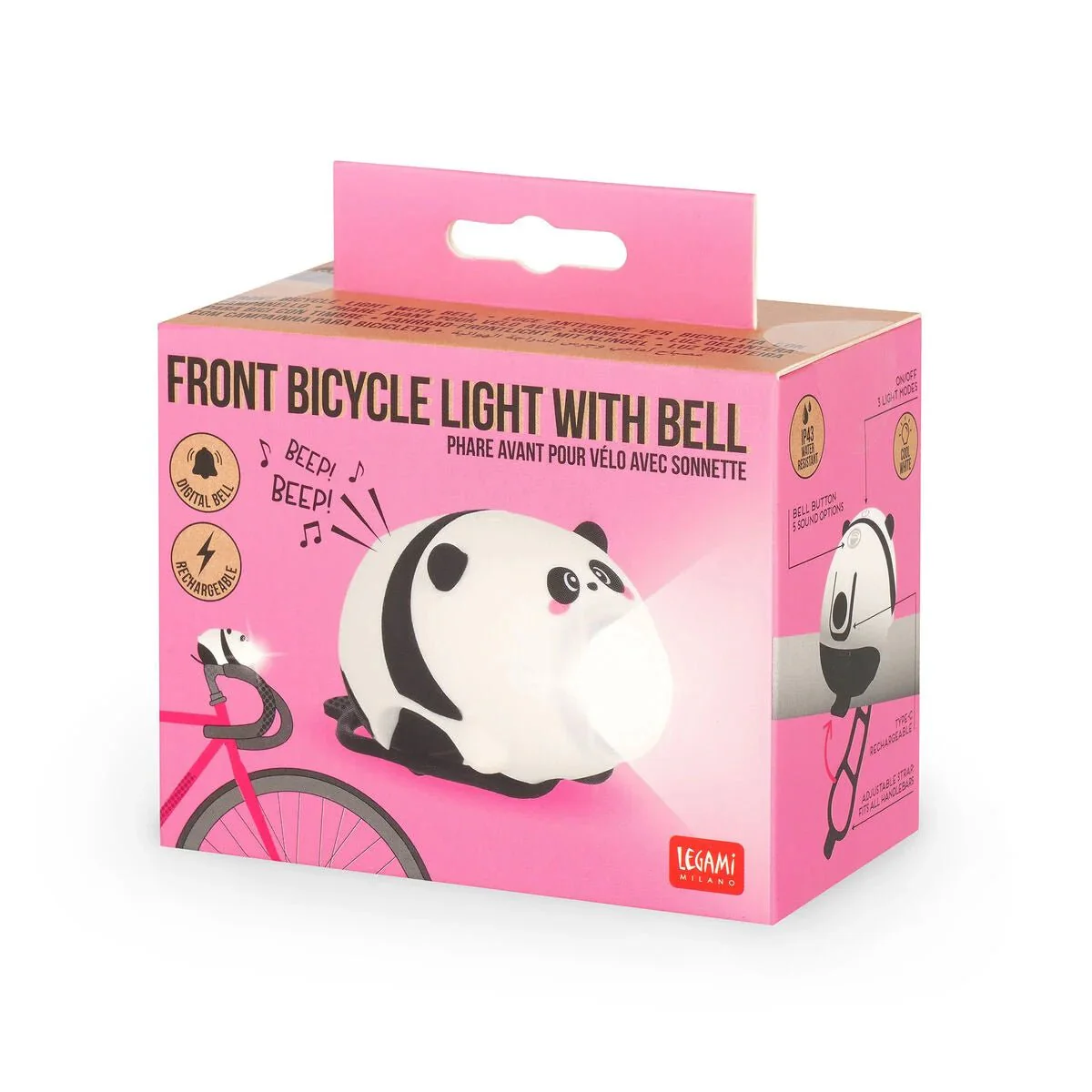 Herlaadbaar fietslampje met bel - Panda - Image 3