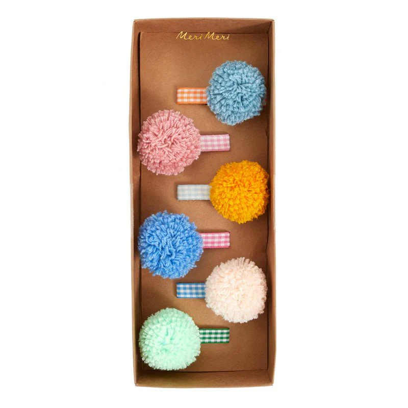 Haarclips Gingham Big Pompom Hair Clips - set van 6