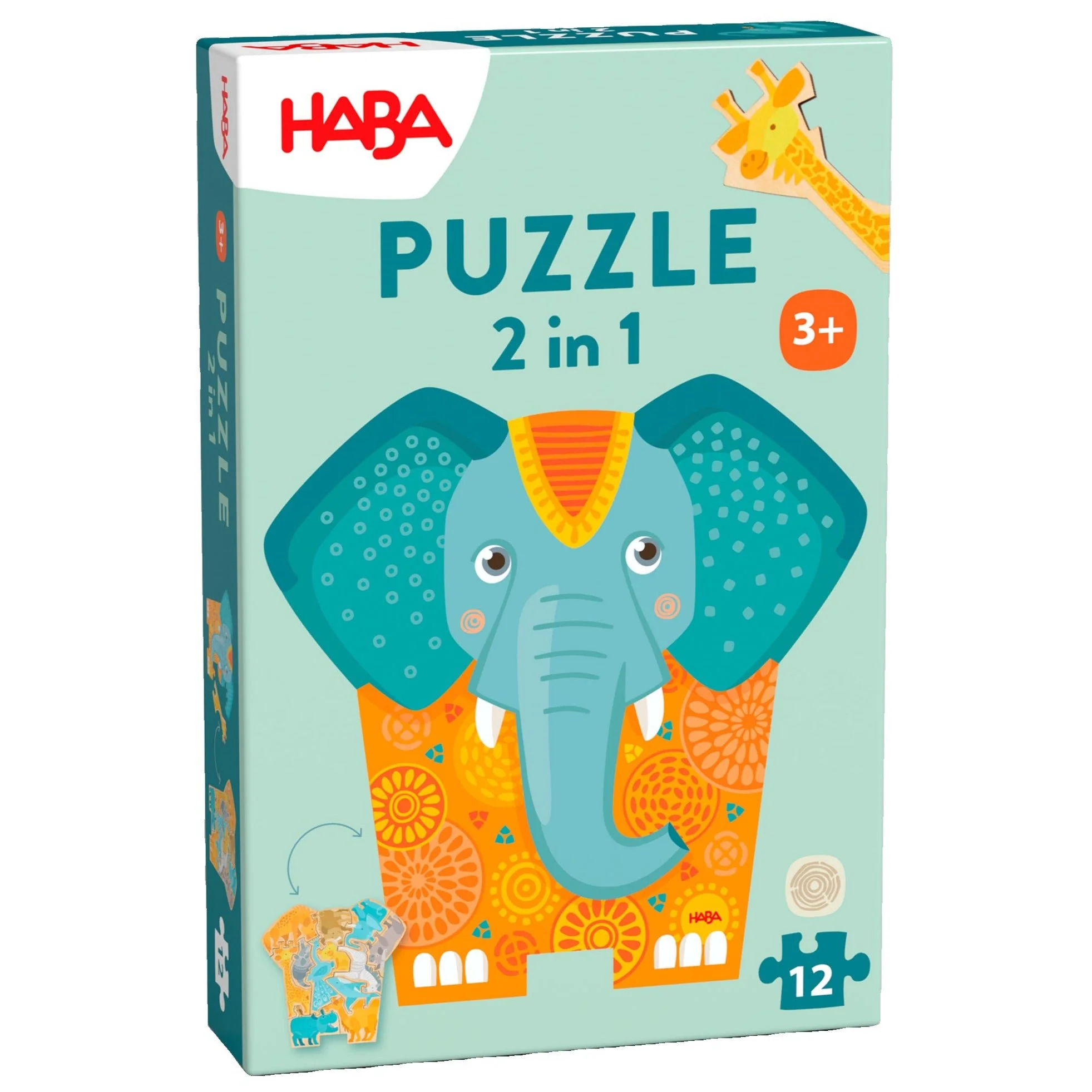 Houten Puzzel 2 In 1 Olifant - 12 stukjes
