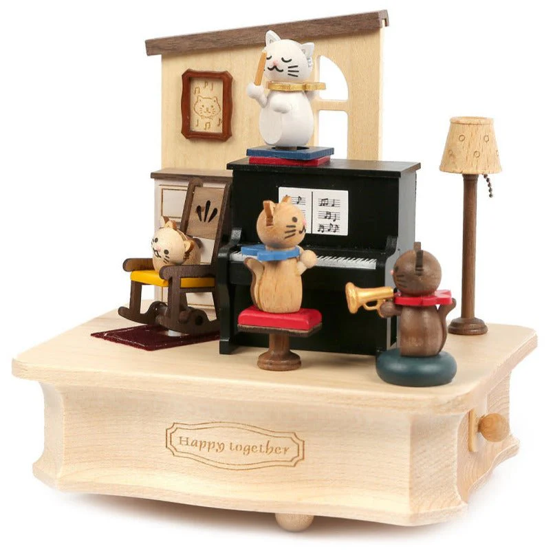 Houten muziekdoos Music Box Cats Play Piano