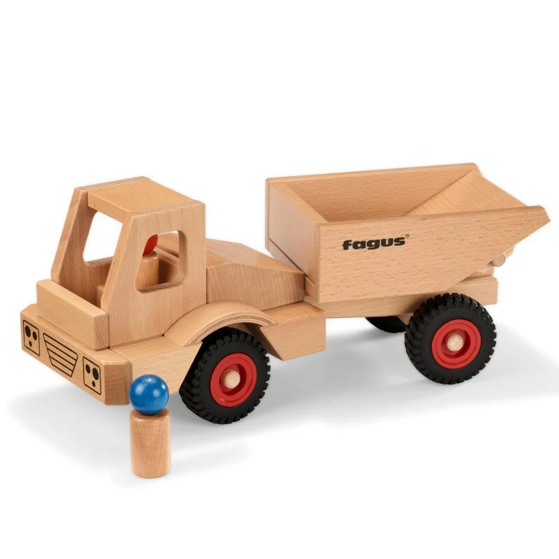 Houten voertuig Wheels Dumper met 2 popjes